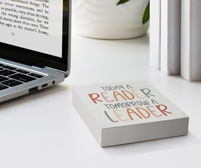 Nursery Today a Reader Tomorrow a Leader Wood Box Sign Desk Decor,Boho Reading Wooden Block Sign Decorations for Home Classroom Reading Nook Reading Room Wall Tabletop Shelf Decor