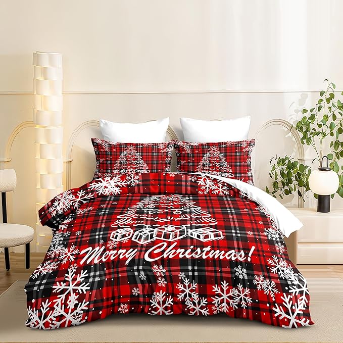 Christmas Duvet Cover Twin Size Black Red Gingham Xmas Bedding Set Kids Boys Girls Christmas Tree Plaid Pattern Soft Comforter Cover 2 Pcs with Zipper Closure (No Comforter)