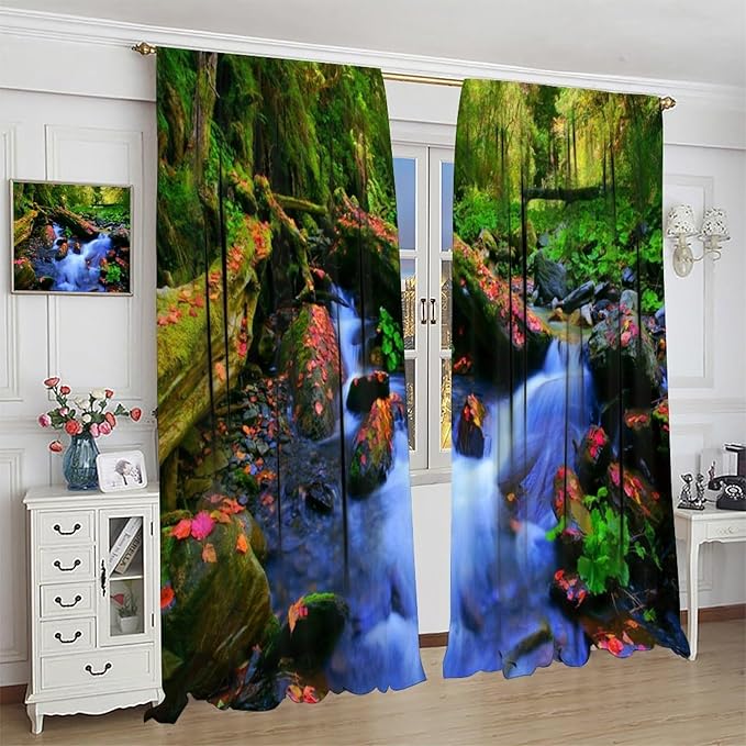 Forest Landscape Blackout Curtains, Natural River Rainforest Waterfalls Plant Print Pattern Window Drapes, for Bedroom Living Room 42" W X 54" L