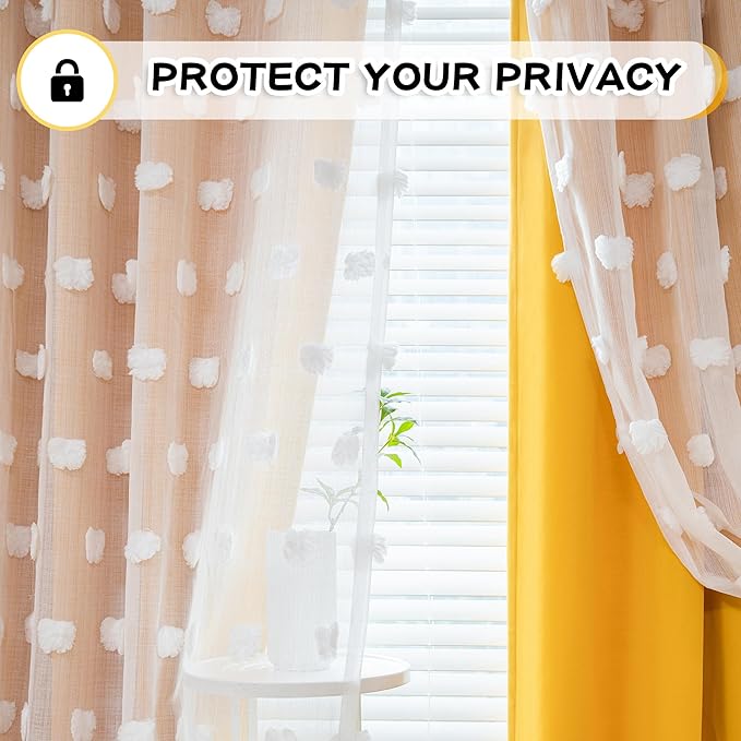 MYSKY HOME Nursery Curtains for Girl Room Yellow Curtains 72 Inches Long Pom Pom White Sheer Curtains for Kids Room Double Layer Toddler Bedroom Grommet Room Darkening Window Panels 52 x 72 Inch