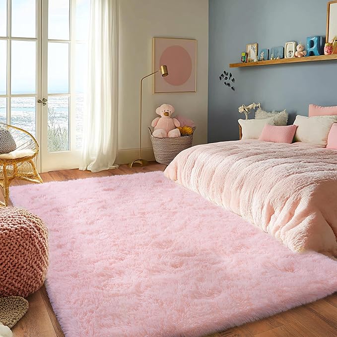 Pink Rug for Girls Bedroom, 4x6 Area Rug for Cute Girls Room, Bedside Indoor Floor Fluffy Shag Carpet, Plush Soft Rug for Living Room Nursery Dorm Home Decor