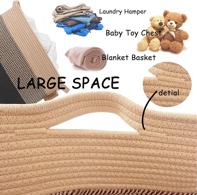 COMFY-HOMI XXXL Large Laundry Basket, Cotton Rope Nursery Woven Basket for Storage, Blanket Baskets Living Room Laundry Hamper, Dog Toy Storage Organizer, Home Decor-21''x21''x13.6''-Jute and Black