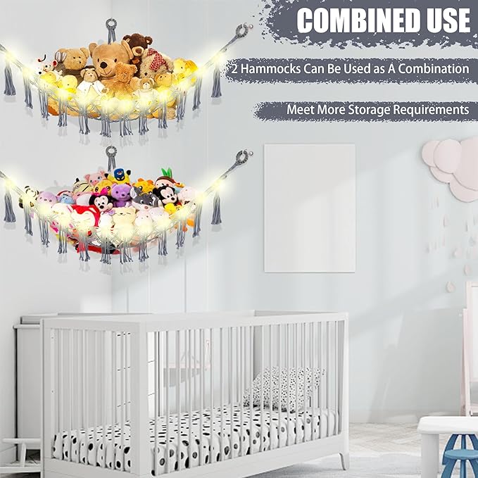 Stuffed Animal Hammock with LED Light, Large Stuffed Animals Storage Corner Plushie Net for Kids Room Decor, 2 Packs Grey