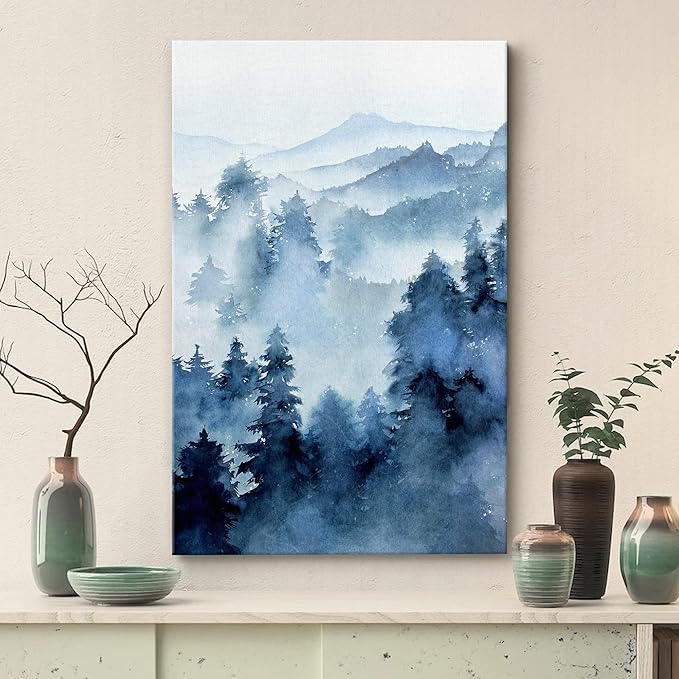 SIGNWIN Canvas Print Wall Art Woodland Nursery Decor Blue Winter Mist Pastel Mountain Forest Nature Illustrations Modern Art Decorative Landscape Colorful for Living Room, Bedroom, Office - 16"x24"
