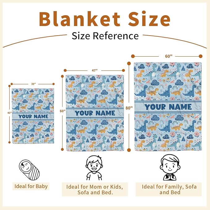 Personalized Baby Blankets for Boys Girls, Custom Baby Blanket with Name, Receiving Swaddle Blanket Suitable for Infants & Toddler, Nursery Newborn Baby Crib, Dino(47" x60)