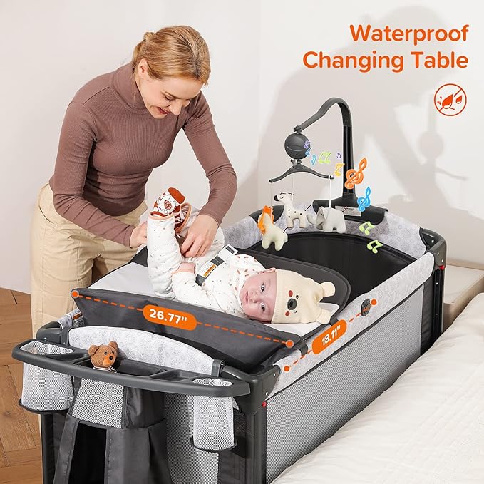 ELEMARA 50" Babies Bassinet Bedside Crib with Diaper Changer，Pack and Play with Mattress and Blackout Cover for Baby，4 in 1 Playpen Travel Bed with Storage,Playard with Adjustable Height