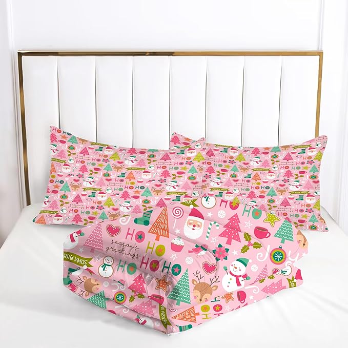 Pink Christmas Comforter Queen: Merry Xmas Santa Claus Bedding Set Queen Size for Teen Girls Women Adults Kids Christmas Tree Snowman Elk Quilt Bed Set 1 Comforter & 2 Pillowcases