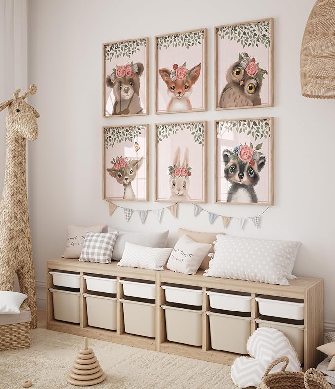 DREAM BIG PRINTABLES Woodland Animals Nursery Wall Art Prints (Set of 6) - Unframed - 11x14s | Set Includes Bear, Fox, Owl, Deer, Bunny Rabbit, and Raccoon wearing Floral Crowns