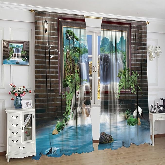 Waterfall Blackout Window Curtains, Tropical Rainforest Jungle Plants Forest Wild Nature Landscape Window Drapes, for Living Room Bedroom 72x63in 2 Panels