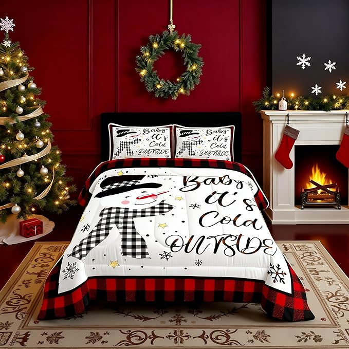 Kids Christmas Snowman Comforter Set Full Size,Snowflake Winter Bedding Set,Girls Boys Adults Xmas Decor,Geometric Grids Lattices Patch Down Comforter,Red Rustic Vintage Duvet Insert,2 Pillowcases