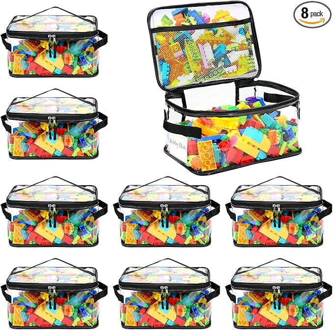 8 Packs Extra Large Toy Storage Bags with Labels, Reusable Clear PVC Board Game Storage, Travel Waterproof Toy Organizer Bags with Name Tag and Manual Pocket for Building Blocks, Puzzle, Kids Books