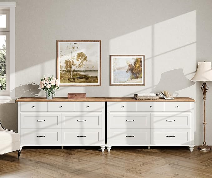 WAMPAT White Dresser Set with 14 Drawers for Bedroom, 2-in-1 Kids Dresser for Nursery Kids Room, Mid Century Modern Chests & Dressers, Distressed Wide Dresser Organizer for Children’s Bedroom