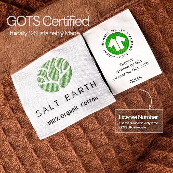 Salt Earth GOTS Certified 100% Organic Cotton Throw Blanket, 90"x90" Waffle Blankets & Throws for Bed, Throw Blanket for Couch, Cozy Christmas Blankets and Throws for Christmas Gifts (Potting Soil)