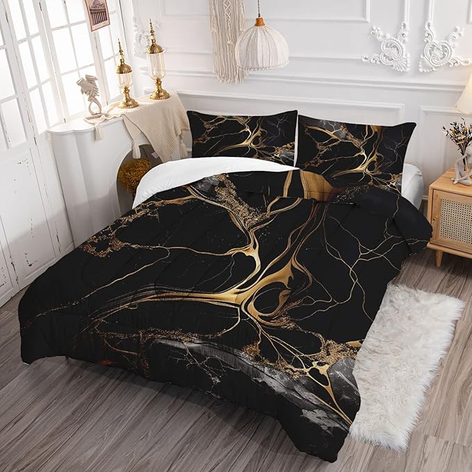 Marble Comforter Sets Twin Size Black and Gold Bedding Set for Girls Teens Women Chic Pastel Glitter Luxury Texture Marbling Quilt 1 Comforter + 1 Pillow Case