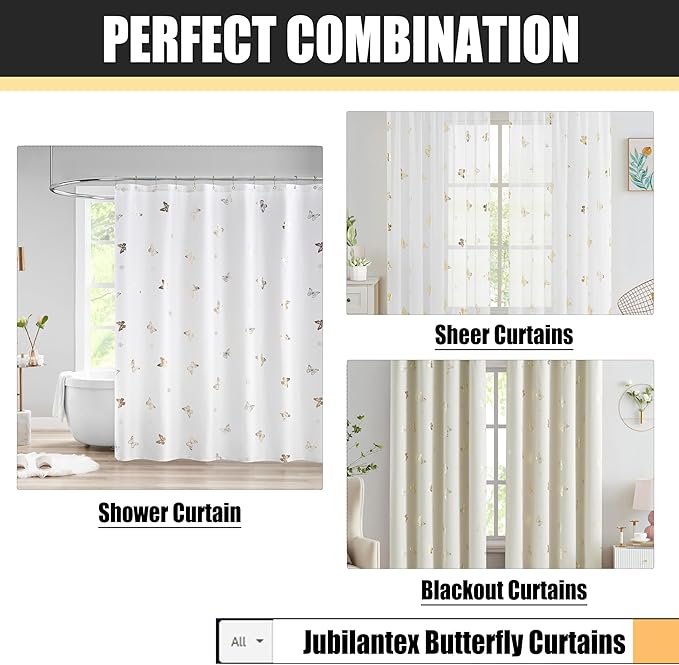 Jubilantex Butterfly White Sheer Curtain Panels for Kids Nursery Girl, Gold Print Toddler Linen Textured Voile Rustic Rod Pocket Drapes 84 Inch for Farmhouse, Living Room, Bedroom, 2 Panels