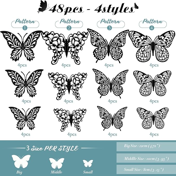 3D Butterfly Wall Decor 3 Sizes 4 Styles Butterfly Party Decorations Cake Decorations Removable Stickers Wall Halloween Decor Room Mural Metallic Kids (Black, 48Pcs)