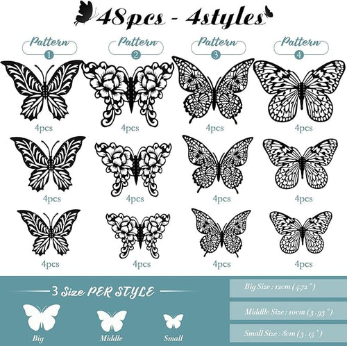 3D Butterfly Wall Decor 3 Sizes 4 Styles Butterfly Party Decorations Cake Decorations Removable Stickers Wall Halloween Decor Room Mural Metallic Kids (Black, 48Pcs)