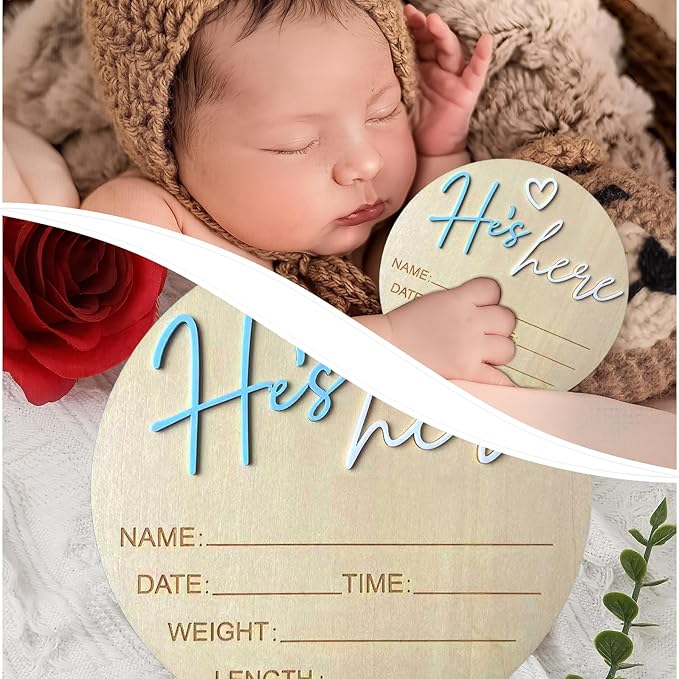 Baby Announcement Sign, 5.9 Inch Wooden Hello World Newborn Signs, Birth Announcement Sign, Gender Reveal Signs, He's here Decoration, Welcome Newborn Arrival To World, Hospital Nursery for Baby