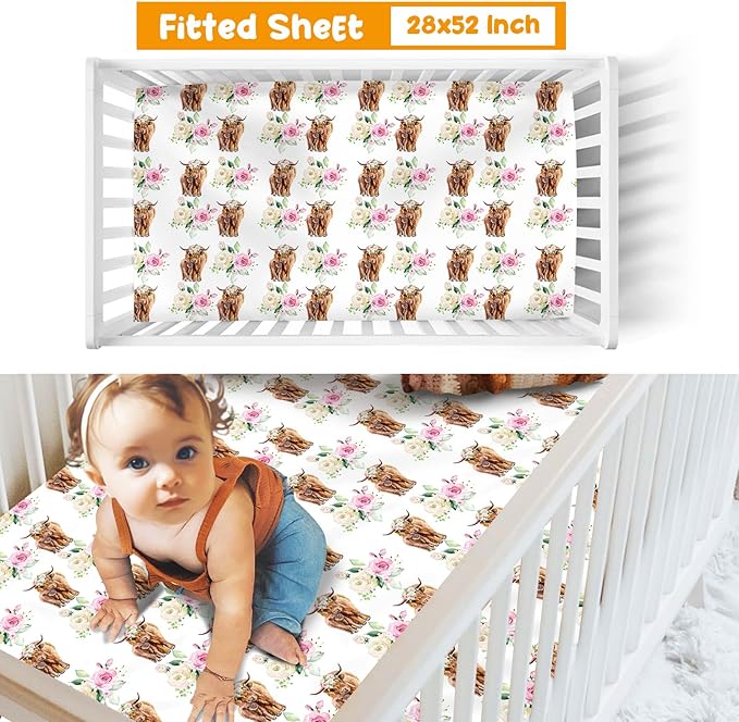 Baby Crib Bedding Set - Highland Cow Design Nursery Bedding 3 Pcs Set - Chic Soft Blanket, Sheet, Pillowcase for Newborns Boys Girls Gifts Color25