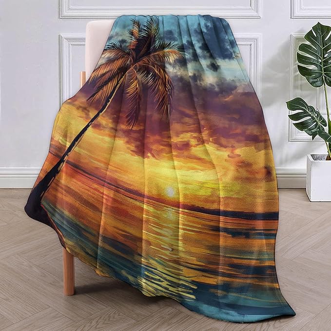 Palm Tree Blanket Gifts for Women Girls Adults Kids Soft Warm Lightweight Cozy Tropical Sunset Beach Ocean Throw Blankets for Bed Sofa Couch Living Room Decor 80x60in
