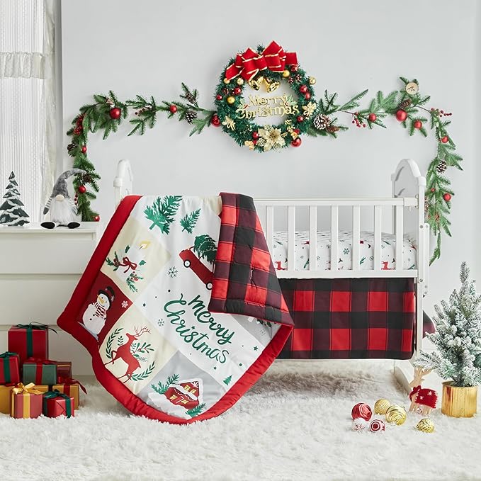 Christmas Red Crib Bedding Set 3 Pieces New Year Style Quilted Plaid Comforter with Fitted Sheet and Bed Skirt - Cute Snowman House Deer Red Gray Design Baby Crib Bed Set