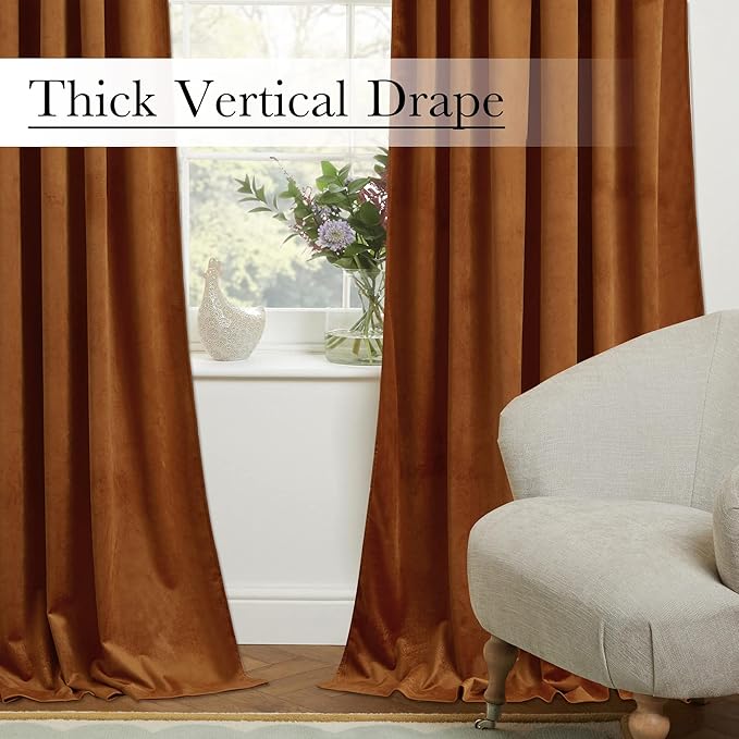 StangH 120 inches Long Velvet Curtains, Burnt Orange Blackout Thermal Insulated Drapes for Living Room, Extra Long Thick Back Tab Backdrop Curtains, W52 x L120, 2 Panels