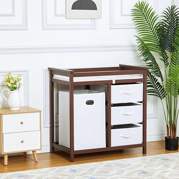 Wooden Baby Changing Table, Modern Diaper Changing Table, Infant Diaper Station Dresser with Laundry Hamper, 3 Drawer Basket- Storage Organizer for Baby Clothes, Diapers & Toys