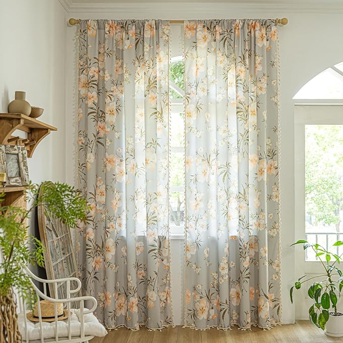 ENJOYBRIDAL Floral Curtains 63 Inch Long Living Room Bedroom Drapes Boho Dining Room Semi Sheer Short Window Curtains 2 Panels Farmhouse Cottage Core Cute Rod Pocket Window Treatments