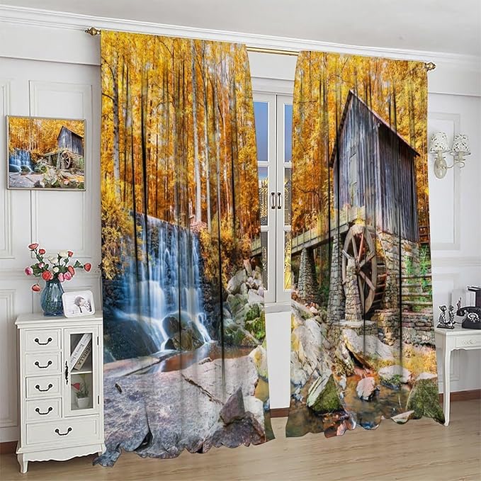 Autumn Waterfall Blackout Curtains, Landscape Fall Waterfall Outdoor Nature Art Window Drapes, for Bedroom Living Room 72" W X 63" L
