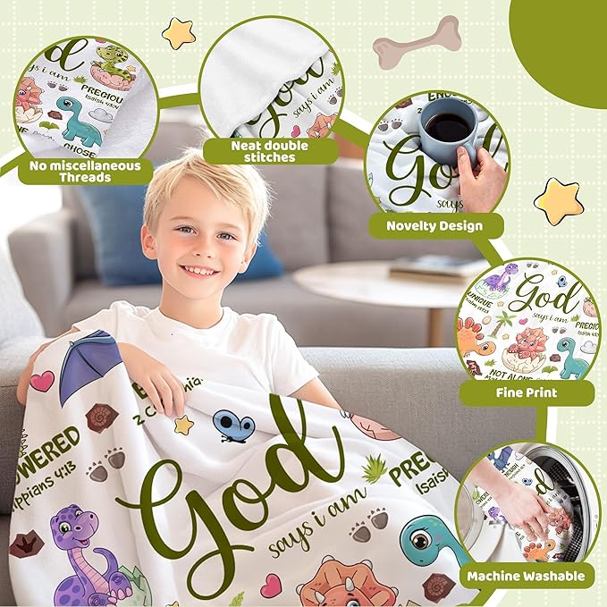 Bible Verse Blanket, Christian Gifts, God Says I am Print Dinosaur Blankets, Meaningful Thoughtful Religious Baptism Gift for Son,Dinosaur Lovers Room Bed Decoration, 60"x80"
