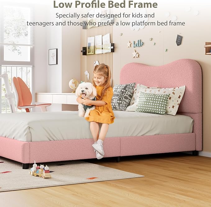 Senfot Pink Boucle Bed Frame with Upholstered Headboard, Soft Low Profile Sturdy Platform Bed with Rounded Corners Design, Heavy Duty, Wooden Slats, Noise Free, No Box Spring Needed, Queen Size