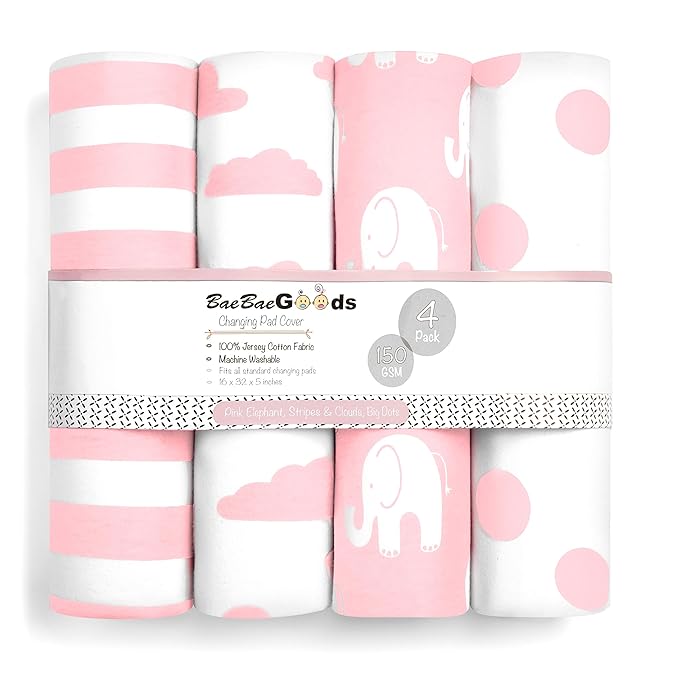 Premium Baby 4 Pack Girl Pure Jersey Machine Washable Pink and White Changing Table Cover – Diaper Changing Pad Cover Sheets