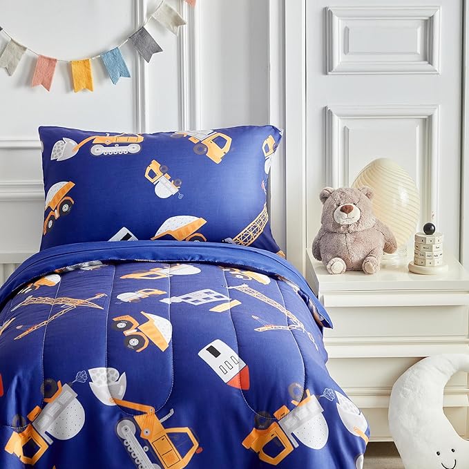 4 Pieces Construction Toddler Bedding Set for Boys Yellow Engineering Vehicle Toddler Bed Set with Bulldozer Tipper Truck Crane Cute Toddler Bed in a Bag with Sheet Set and Pillow Shams - Navy Blue
