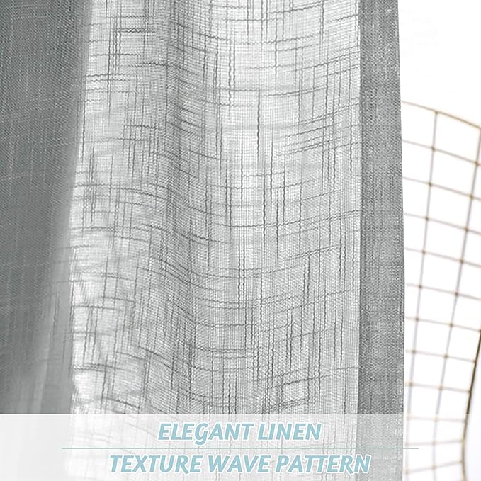 RYB Home Linen Sheer Curtains - Linen Textured Semi Sheer Curtains for Home Office Kids Nursery Bedroom Window, 52 inches Wide x 63 inches Long per Panel, 2 Panels, Grey