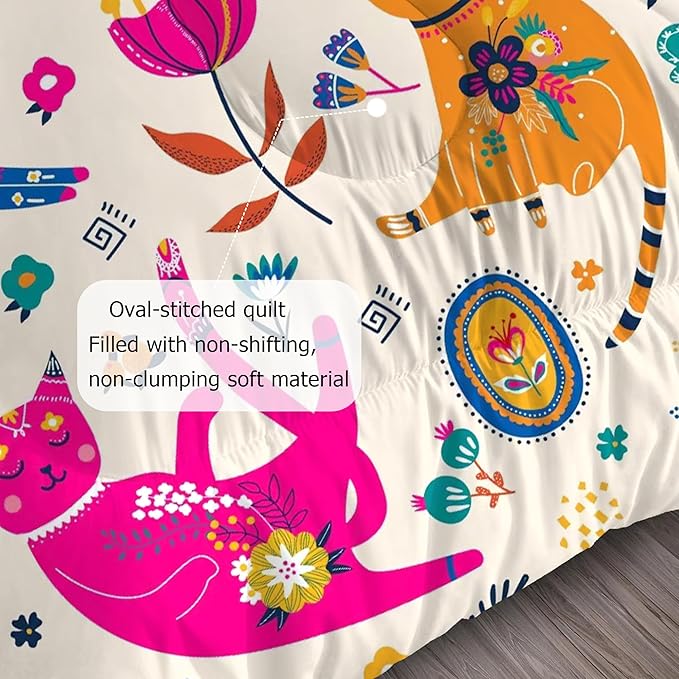 Cat Comforter Set Twin: Cute Floral Cats Twin Bedding Sets for Girls Kids Teens Toddler Cartoon Flowers Kawaii Animals Print Quilt Duvet Bed Set with 1 Comforter & 1 Pillowcase