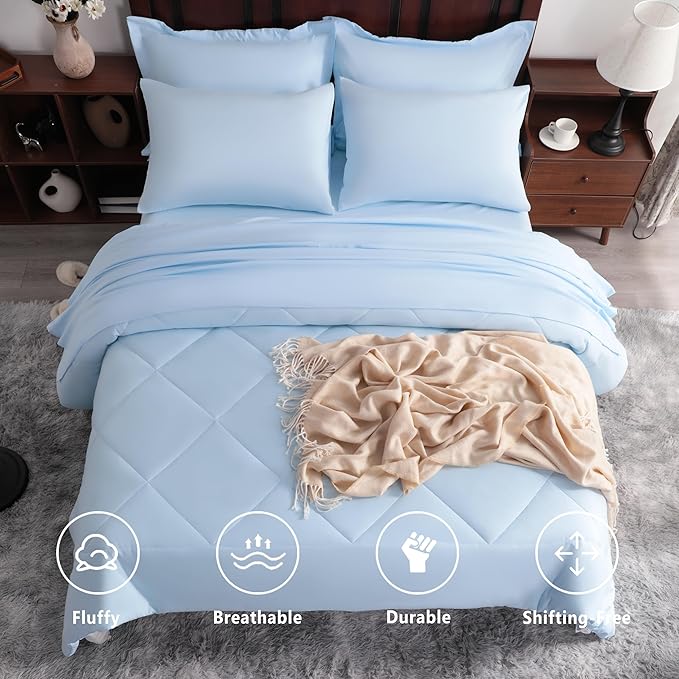 NTBAY Queen Comforter Set with Sheets, 7 Pieces Soft and Breathable Queen Bedding Set, Bed in a Bag, Down Alternative Comforter Set Solid Color All Season, Queen Bedding Set, Aqua