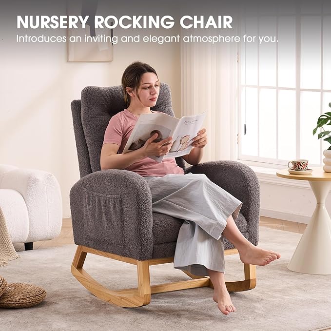 NIOIIKIT Nursery Rocking Chair, Linen Upholstered Glider Chair with Footrest, Tufted Rocker Recliner with Side Pocket, Comfy Recliner Glider, Accent Chair for Living Room (Grey Teddy)