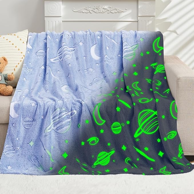 inhand Blue Space Toys Glow in the Dark Stars Blanket Birthday Gifts for Boys Cute Kids Blanket and Funny Space Planet Moon Galaxy Room Decor for Age 3 4 5 6 7 8 9 10 11 12 13 Year Old (40''x60''Blue)