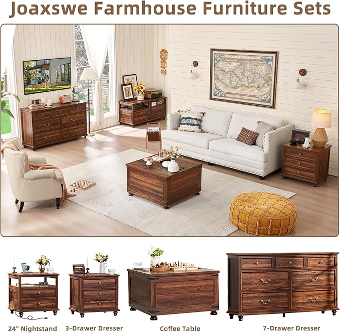 Farmhouse Dresser and Nightstand Sets, Wooden 7 Drawers Dresser & 24" Night Stand with 3 Drawers, 2 Piece Bedroom Furniture Set, Chest of Drawers for Bedroom, Home, Living Room, Hallway