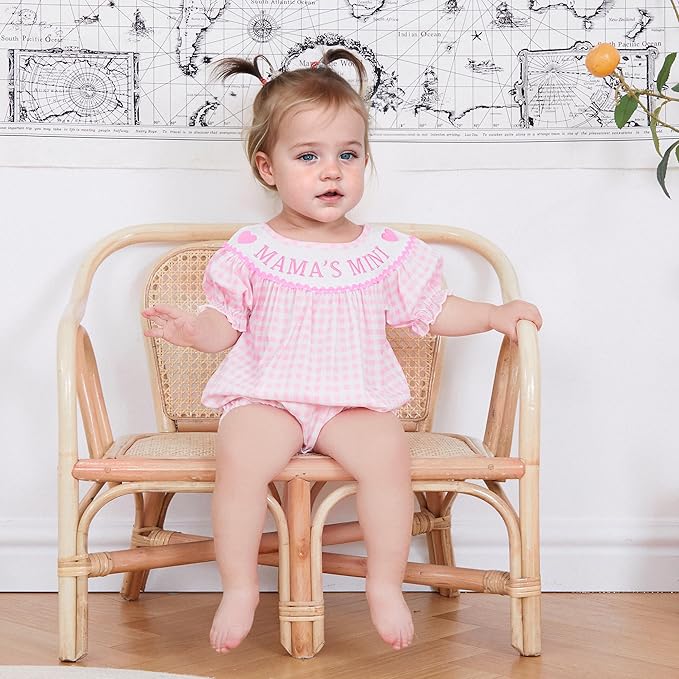 Newborn Baby Girl Romper Mamas Mini Bow Plaid Print Puff Sleeve Smocked Bubble Romper Jumpsuit Bodysuit Clothes
