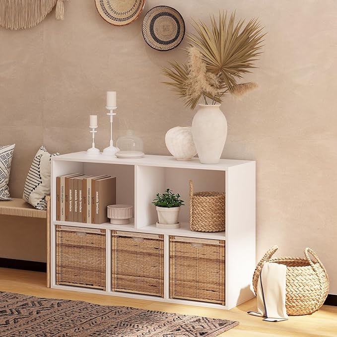 Wooden 5 Cube Storage Organizer with Closed Back Panel,White Cube Shelf Heavy Duty Cubby Storage Organizers with Compartments for Living,Display Shelf,Bookshelf,Storage Furniture