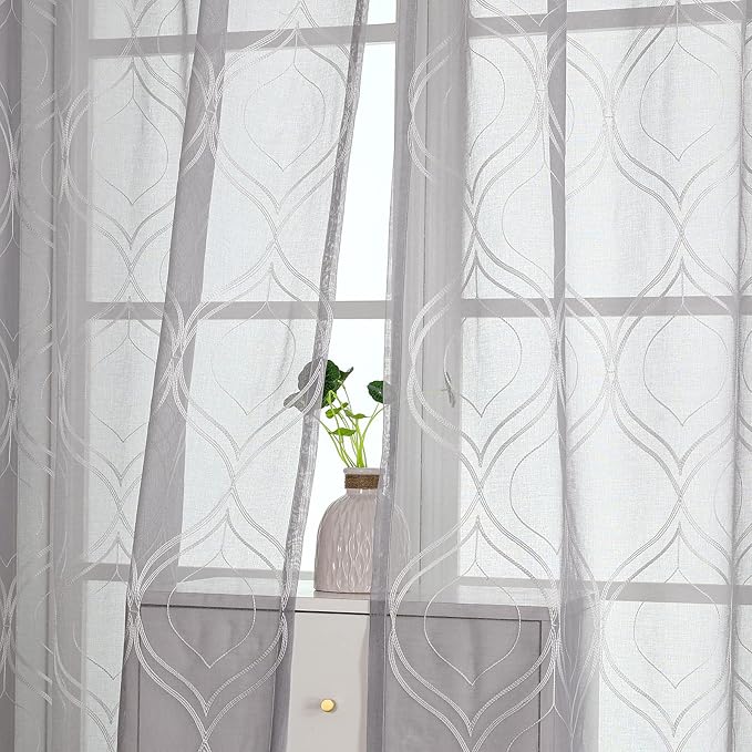 VISIONTEX White Sheer Curtains 108 Inches Long 2 Panels Set Grey Moroccan Embroidered Curtains Trellis French Textured Rod Pocket Voile Tulle Semi Window Drapes for Bedroom Living Room 54 x 108 Inch