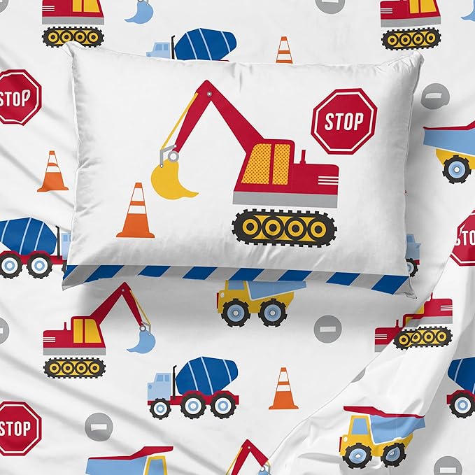 Sunny Side Up Construction Zone Twin Sheet Set - 3 Piece Kids Bedding Set Includes Pillow Cover - Super Soft Trucks Microfiber Sheets