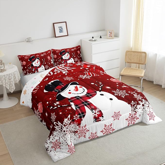 Manfei Snowman Comforter Set Full Size, Snowflake Balloon Xmas Decor Down Comforter with 2 Pillowcases, Christmas Red Bedding Set 3pcs for Kids Boy Girls Bedroom Decor Lightweight Duvet Insert