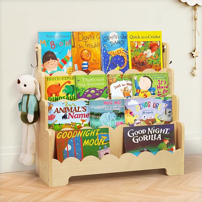 Kids Bookshelf Wooden 4-Tier, Scalloped Book Shelf for Kids Rooms, Front Facing Toddler Montessori Bookshelf, Baby Nursery Book Shelves Kid Classroom Book Shelf Bookcase