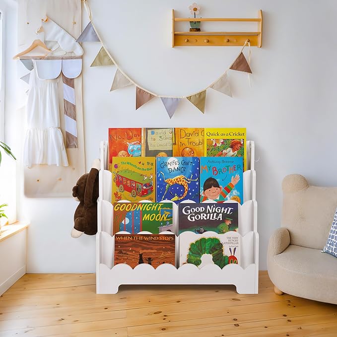 Kids Bookshelf Wooden 4-Tier, Scalloped Book Shelf for Kids Rooms, Front Facing Toddler Montessori Bookshelf, Baby Nursery Book Shelves Kid Classroom Book Shelf Bookcase
