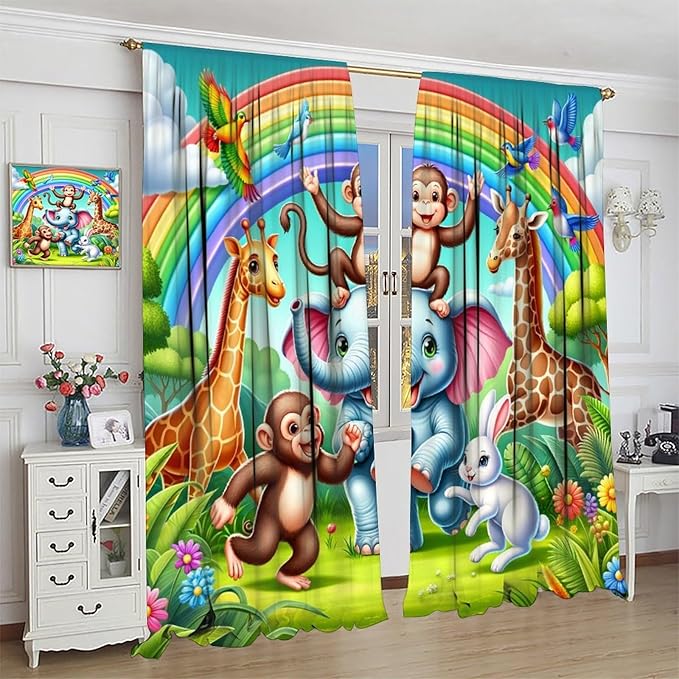 Animals Window Curtain Rod Pocket Kids Boys Girls Forest Giraffe Elephant Monkey Flowers Window Treatment for Baby Children Bedroom Living Room 55" W X 63" L