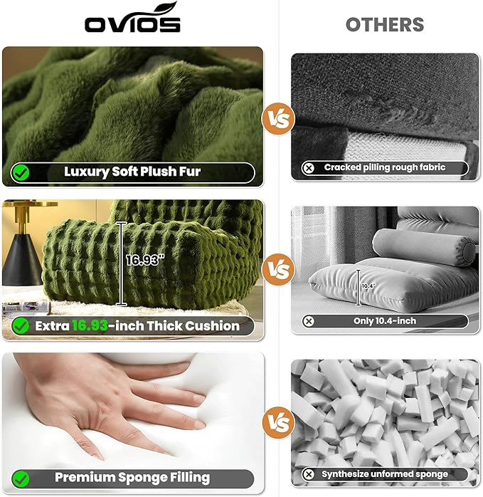 ovios Bean Bag Chair for Adult, Giant Beanbag with Plush Faux Fur, Comfy Large Big Lounger Floor Lazy Chair for Indoor Fireside Living Room Bedroom Dorm, Green