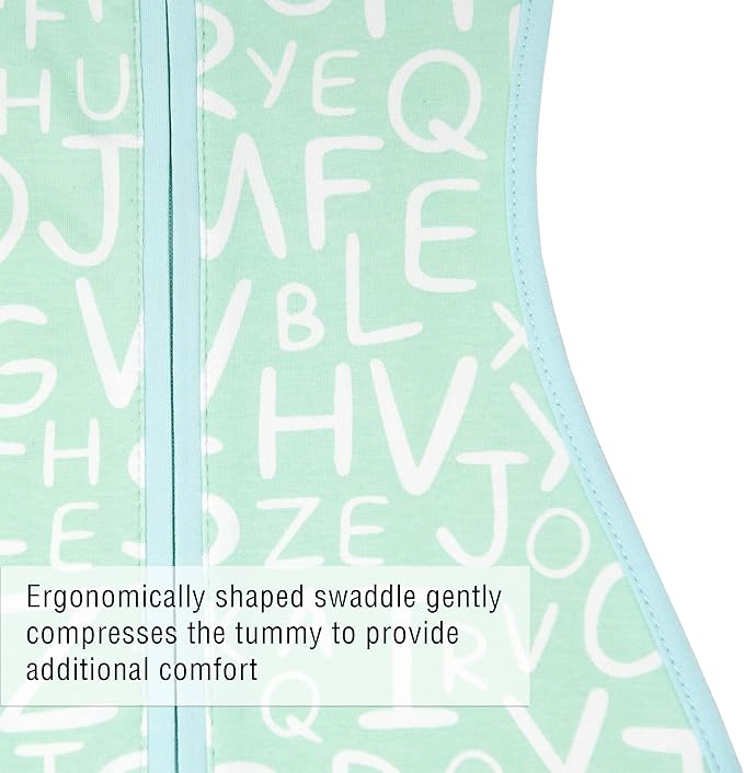 Woombie Original Baby Swaddling Blanket - Soothing, Cotton Zippered Swaddle - Wearable Newborn Blanket, Mint Alphabet, 14-19 lbs