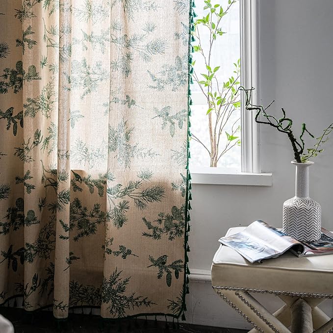 Boho Curtains with Tassel Bohemian Green Semi-Blackout Drapes 84 Inch Length Cotton Linen Farmhouse Window Curtain Panels Floral Pattern Rod Pocket Curtain for Living Room Bedroom, 2 Panel